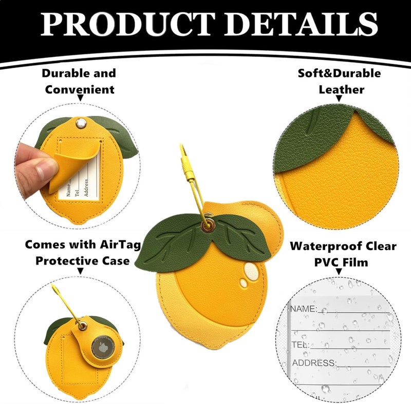 ZOUITY Cute Leather Luggage Tag Holder with Airtag Case Set,Hidden Compartment for AirTag Travel Suitcase Tracking Case with Stainless Steel Loop,Name ID Label(Lemon) - Image 2